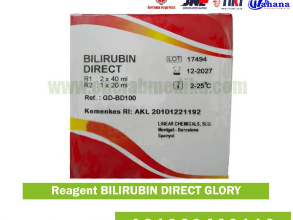 Gambar produk Reagen Bilirubin Direct GLORY lengkap dengan botol R1 dan R2 serta kemasan box, digunakan untuk tes fungsi hati yang akurat dan terpercaya di laboratorium klinik dan rumah sakit
